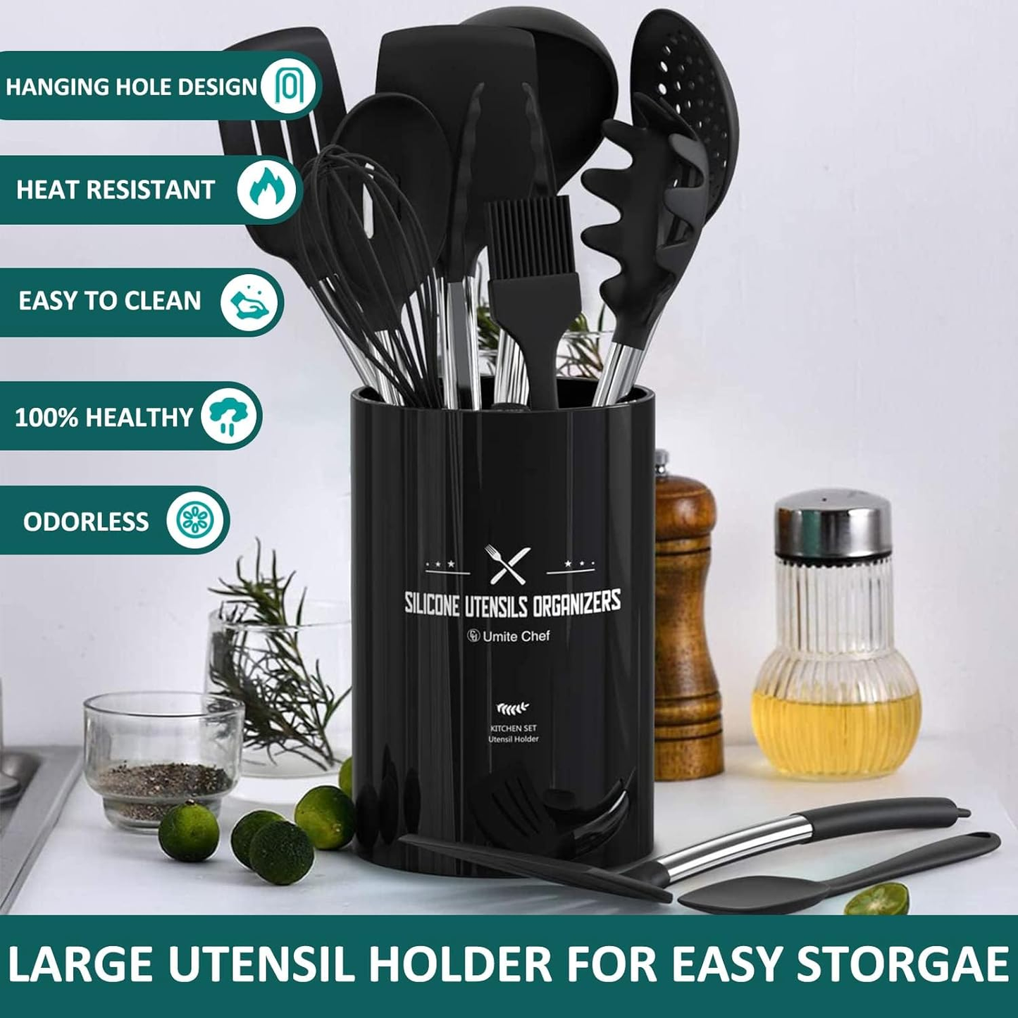 15-Piece Silicone Cooking Utensil Set with Stainless Steel Handles - Non-Stick Kitchen Cookware in Black