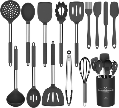 15-Piece Silicone Cooking Utensil Set with Stainless Steel Handles - Non-Stick Kitchen Cookware in Black
